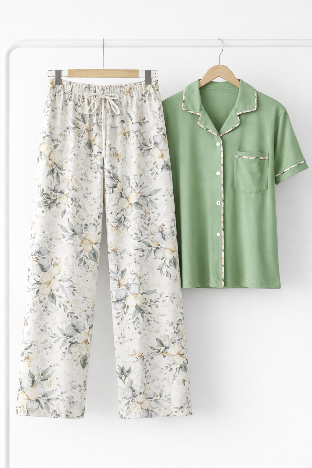Floral Lounge Pajama Set with Contrast Piping